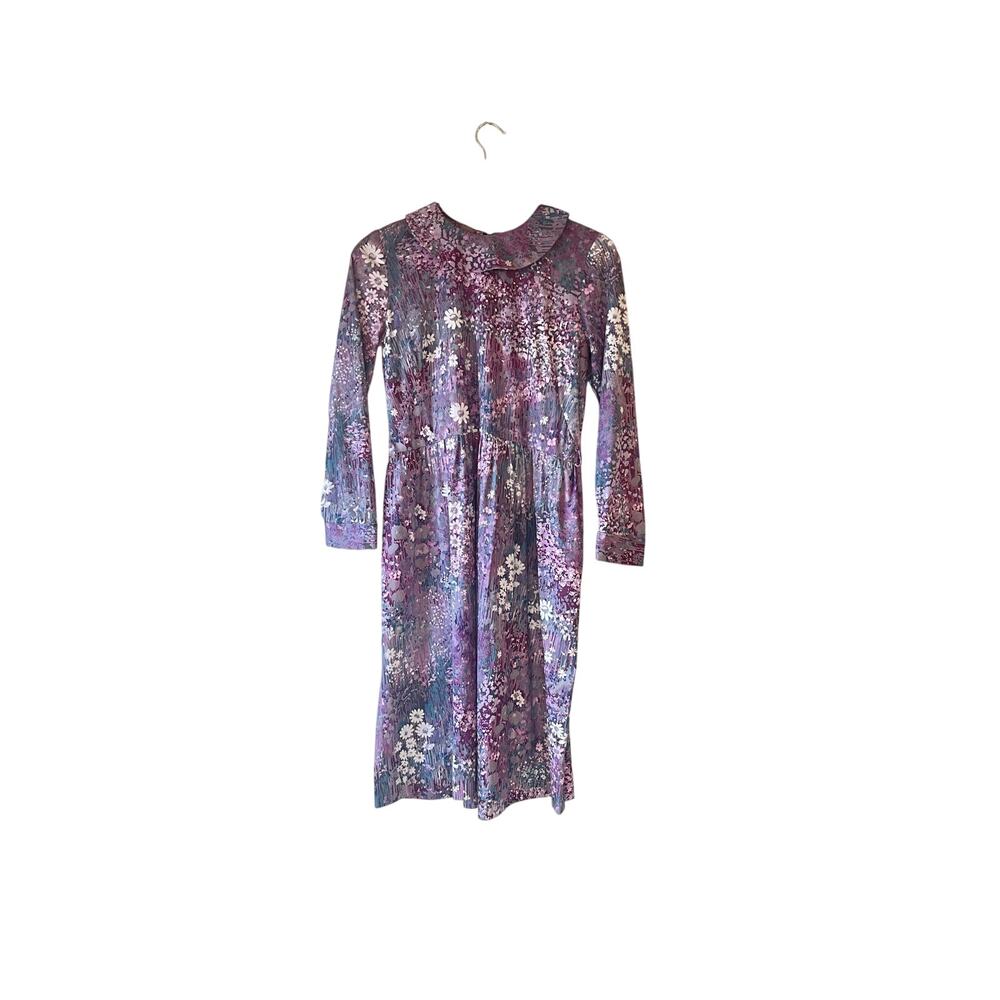Vintage 60s purple floral long sleeve mock neck‎ midi dress medium